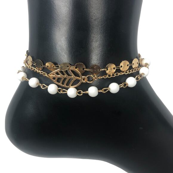 Gold and White Triple Strand Leaf and Beads Anklet - Picture 3 of 4